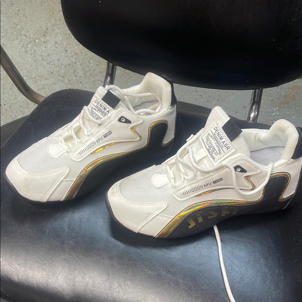 Kids White and Gold Sneakers